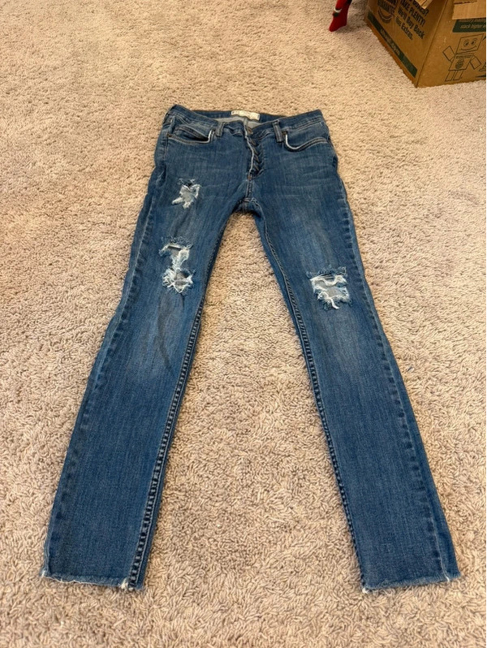 Free People Distressed Button Fly Jeans Size 28 Blue Raw Hem Straight Leg